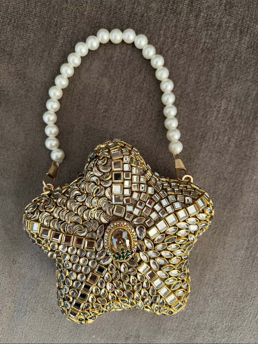 Embellished Star-Shaped Evening Bag in Gold with Pearl Handle